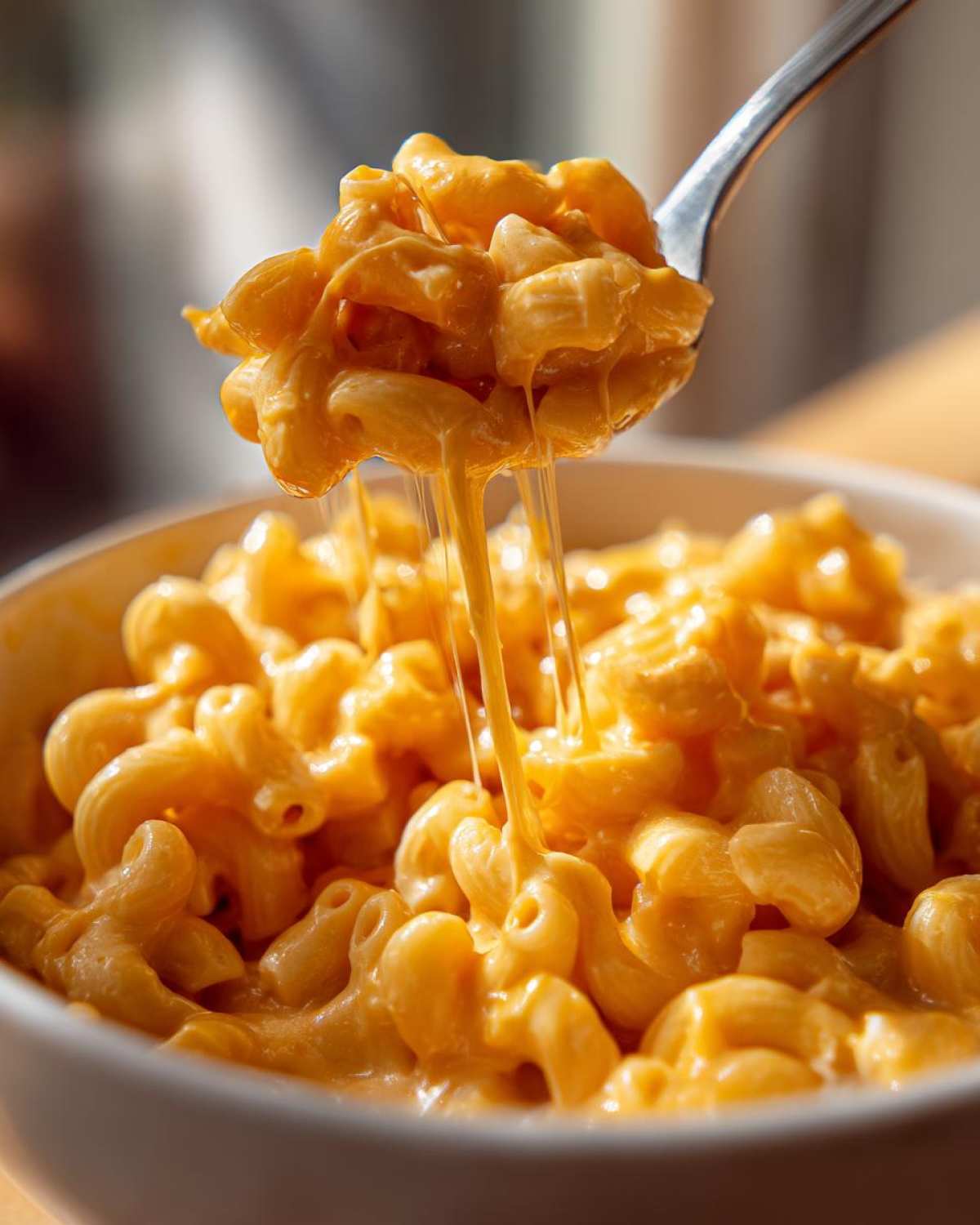 A spoonful of rich, orange Creamy Mac and Cheese lifting out of a white bowl, showing long, stretchy cheese pulls.