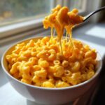A fork lifts creamy, cheesy Mac and Cheese from a white bowl, showing long, gooey cheese pulls.