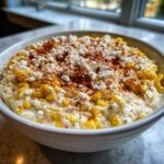 Close-up of creamy Mexican Street Corn Dip topped with crumbled white cheese and chili powder.