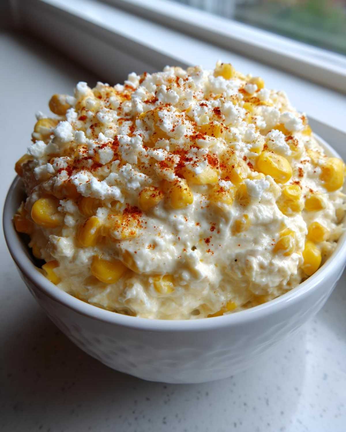 Close-up of a white bowl filled with creamy Mexican Street Corn Dip, topped with crumbled white cheese and paprika.