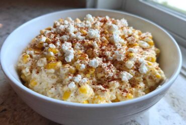 A white bowl filled with creamy Mexican Street Corn Dip, topped with crumbled white cheese and a dusting of chili powder.