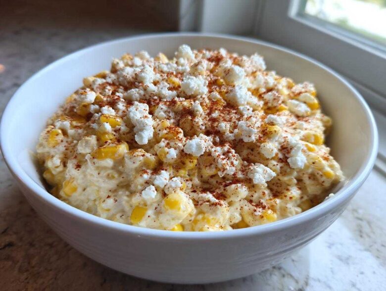 A white bowl filled with creamy Mexican Street Corn Dip, topped with crumbled white cheese and a dusting of chili powder.
