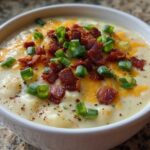 Close-up of a hearty bowl of Creamy Potato Soup topped with melted cheddar, crispy bacon, and fresh green onions.