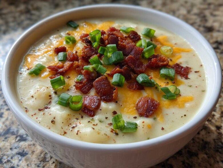 Close-up of a hearty bowl of Creamy Potato Soup topped with melted cheddar, crispy bacon, and fresh green onions.