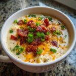 Close-up of a hearty bowl of Creamy Potato Soup topped generously with crispy bacon, shredded cheddar cheese, and fresh green onions.