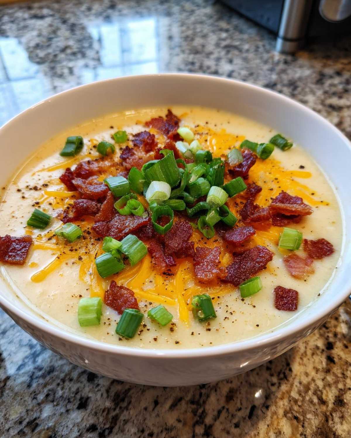 A close-up of a white bowl filled with rich Creamy Potato Soup, topped generously with crumbled bacon, shredded cheddar cheese, and fresh green onions.