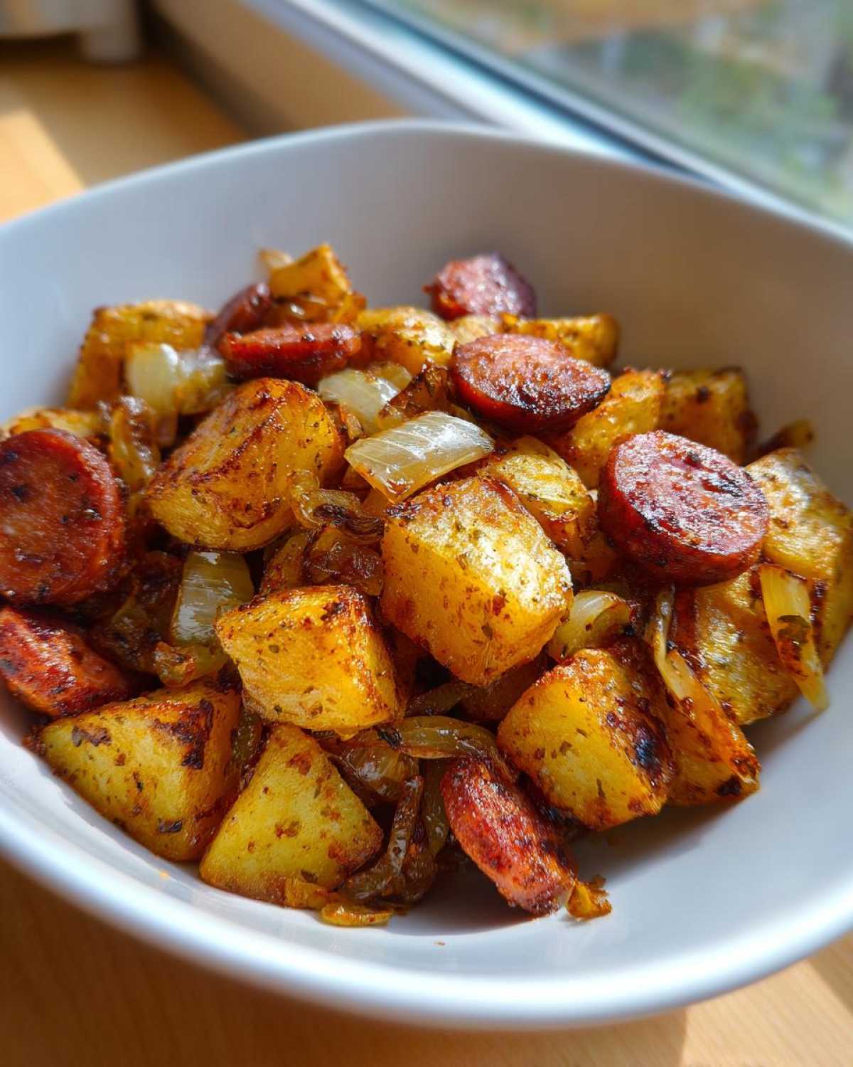 Close-up of crispy fried potatoes with sausage slices and caramelized onions in a white bowl.