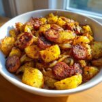 Close-up of a white bowl filled with golden, crispy fried potatoes with sausage slices and caramelized onions.