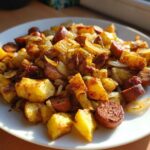 A close-up of Crispy Fried Potatoes with Sausage and onions served on a white plate, golden brown and ready to eat.