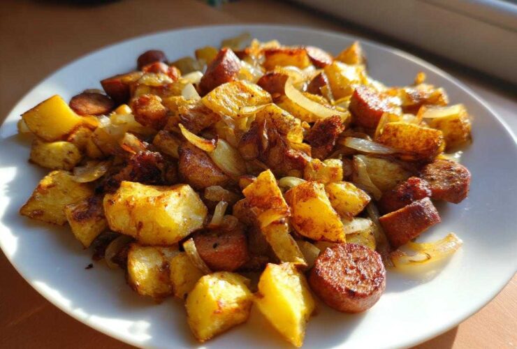 A close-up of Crispy Fried Potatoes with Sausage and onions served on a white plate, golden brown and ready to eat.
