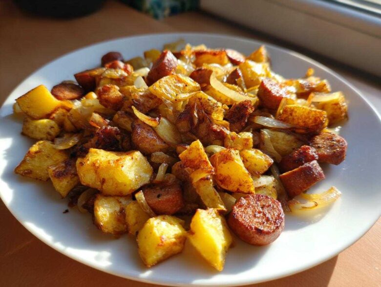 A close-up of Crispy Fried Potatoes with Sausage and onions served on a white plate, golden brown and ready to eat.