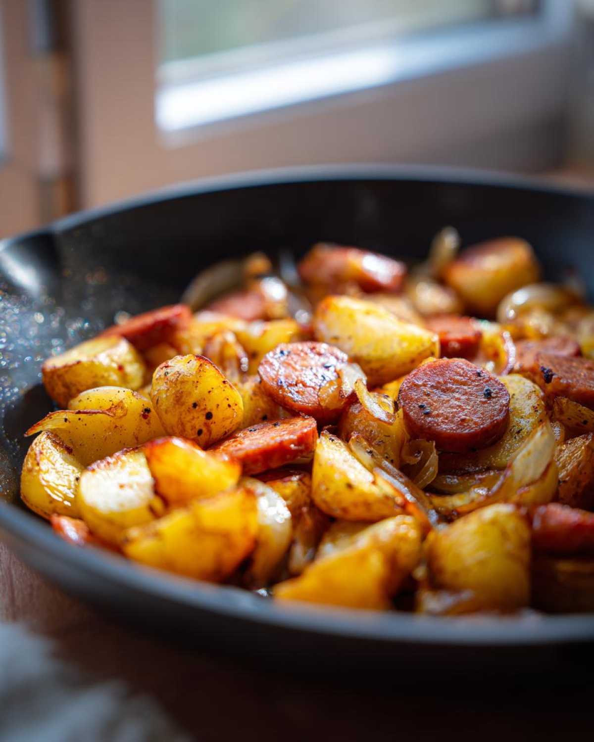 Close-up of Crispy Fried Potatoes with Sausage and onions sizzling in a dark cast-iron skillet.