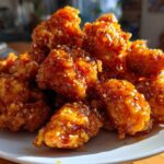 Close-up of a pile of glistening, glazed Crispy Orange Chicken pieces sprinkled with sesame seeds on a white plate.