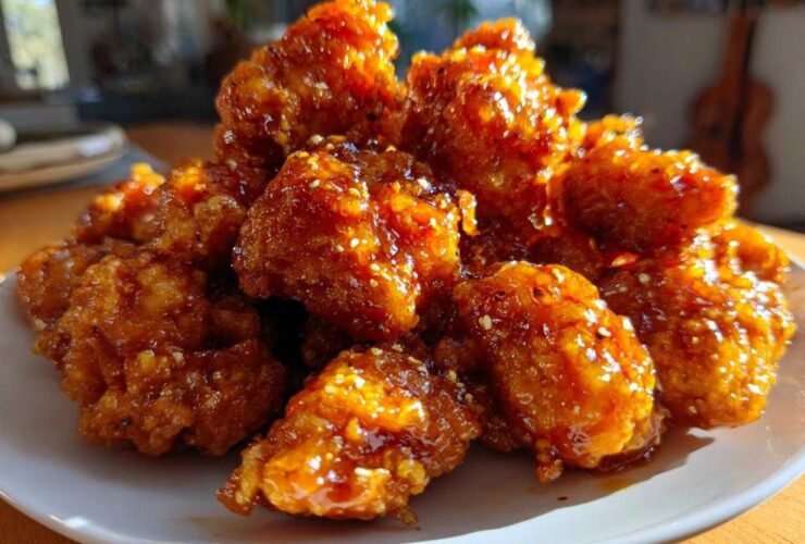 Close-up of a pile of glistening, glazed Crispy Orange Chicken pieces sprinkled with sesame seeds on a white plate.
