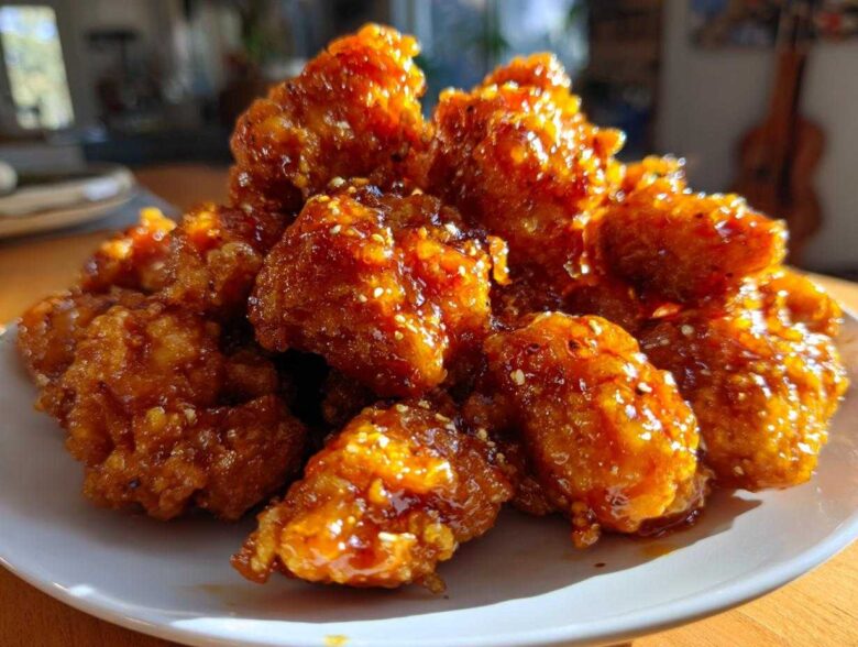 Close-up of a pile of glistening, glazed Crispy Orange Chicken pieces sprinkled with sesame seeds on a white plate.