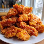 Close-up of a mound of Crispy Orange Chicken pieces coated in a glossy, sticky orange glaze and sprinkled with sesame seeds.