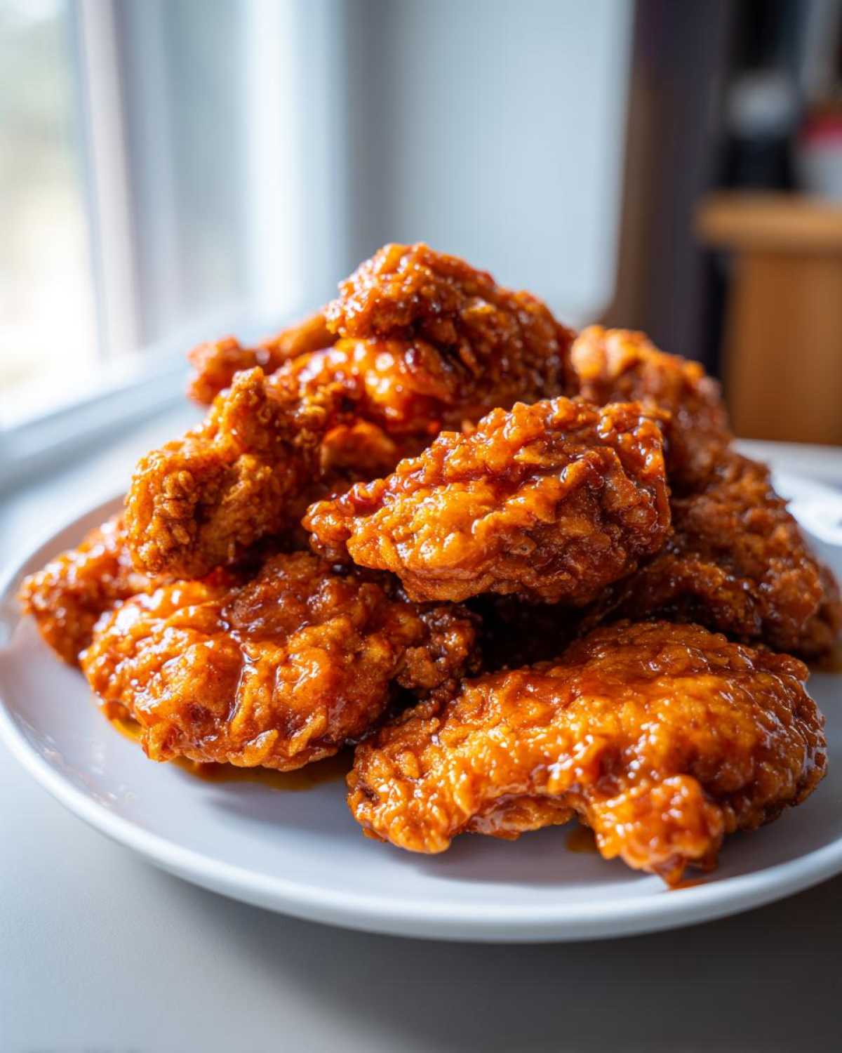 A close-up of a mound of perfectly fried and glazed Crispy Orange Chicken piled high on a white plate.