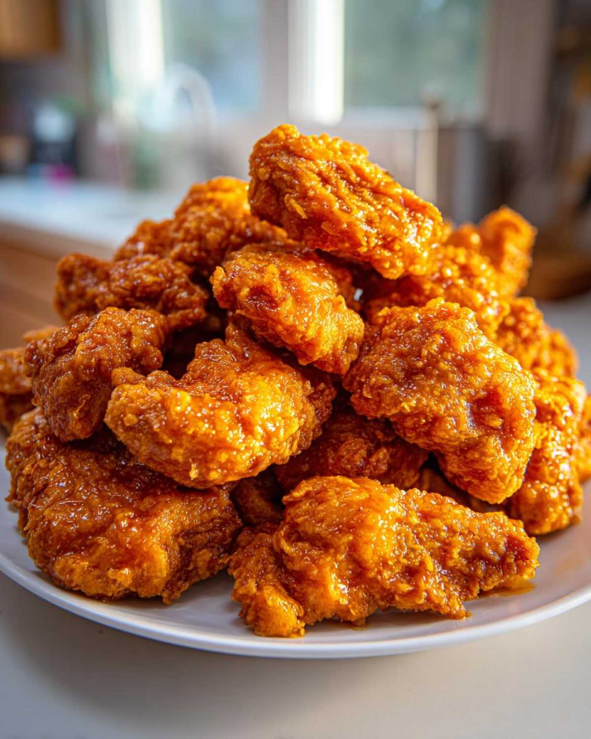 A large pile of perfectly glazed, crispy orange chicken pieces stacked high on a white plate.