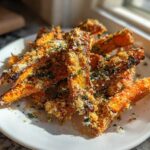A pile of golden brown Crispy Parmesan Ranch Smashed Carrots seasoned with herbs on a white plate.