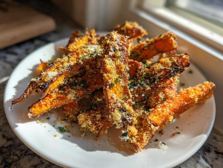 A pile of golden brown Crispy Parmesan Ranch Smashed Carrots seasoned with herbs on a white plate.