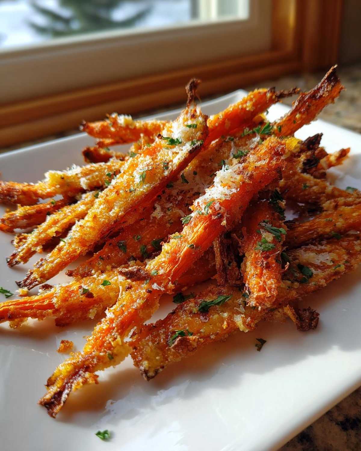 A pile of golden brown Crispy Parmesan Ranch Smashed Carrots sprinkled with grated cheese and parsley on a white platter.