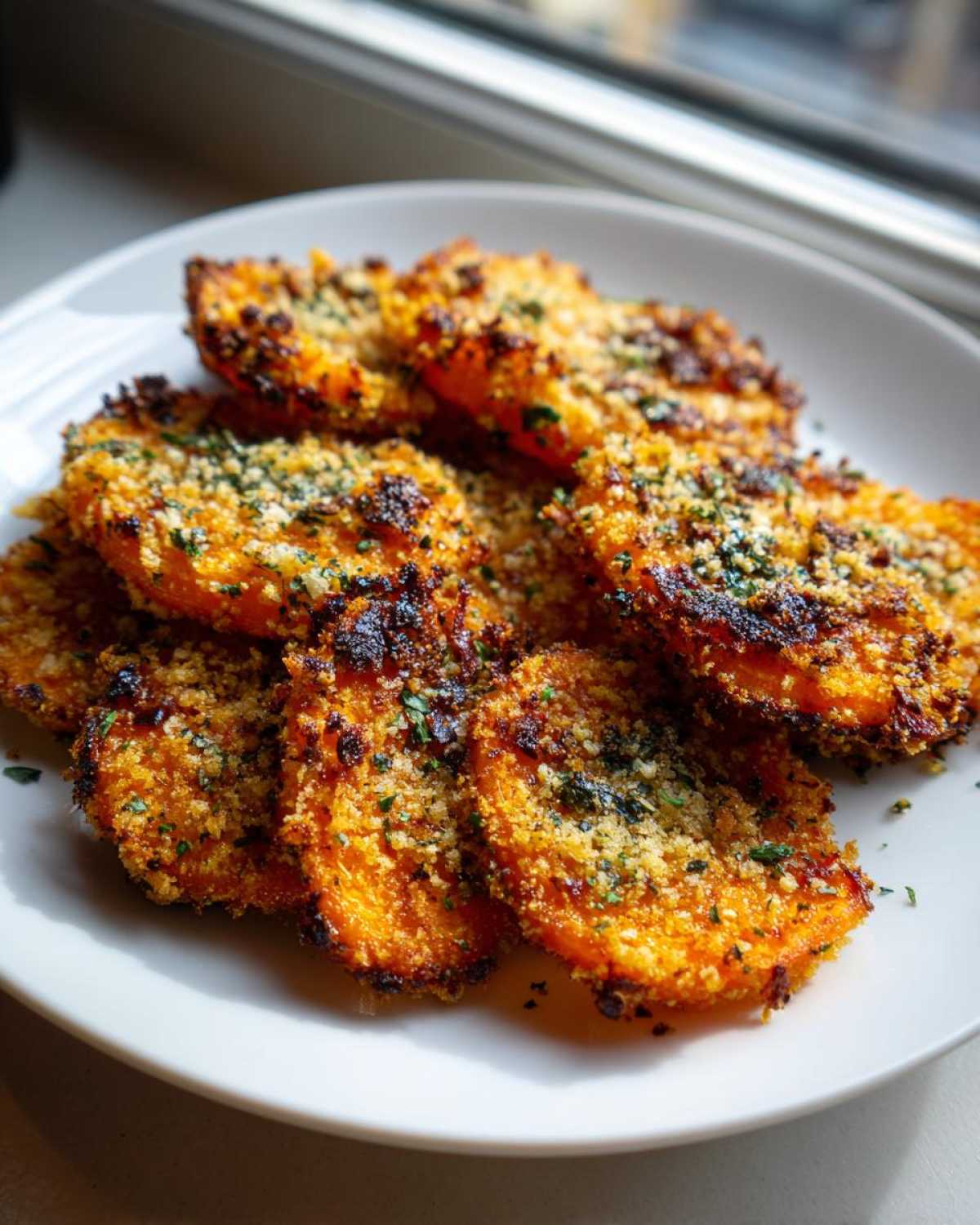 Close-up of perfectly cooked Crispy Parmesan Ranch Smashed Carrots piled on a white plate, featuring a golden, herbed crust.