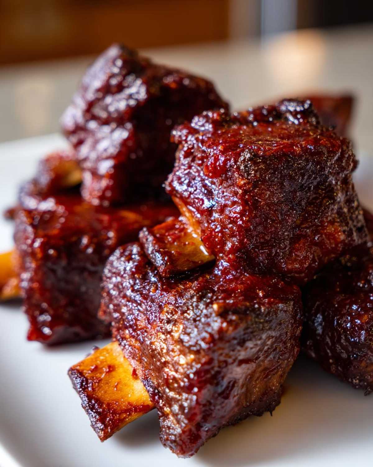 Close-up of several tender, saucy Crock Pot Short Ribs piled on a white plate, showing rich, dark glaze.