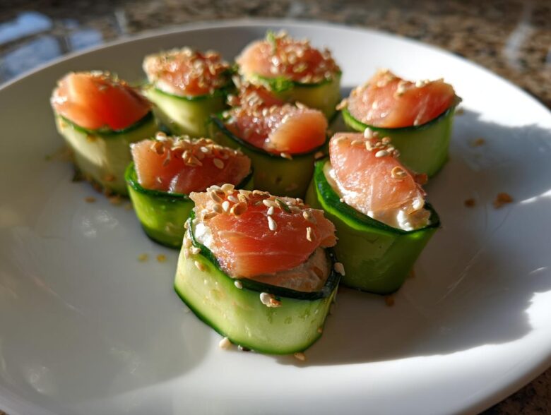 Seven pieces of Cucumber Sushi, wrapped in thin cucumber strips and topped with smoked salmon and sesame seeds, arranged on a white plate.