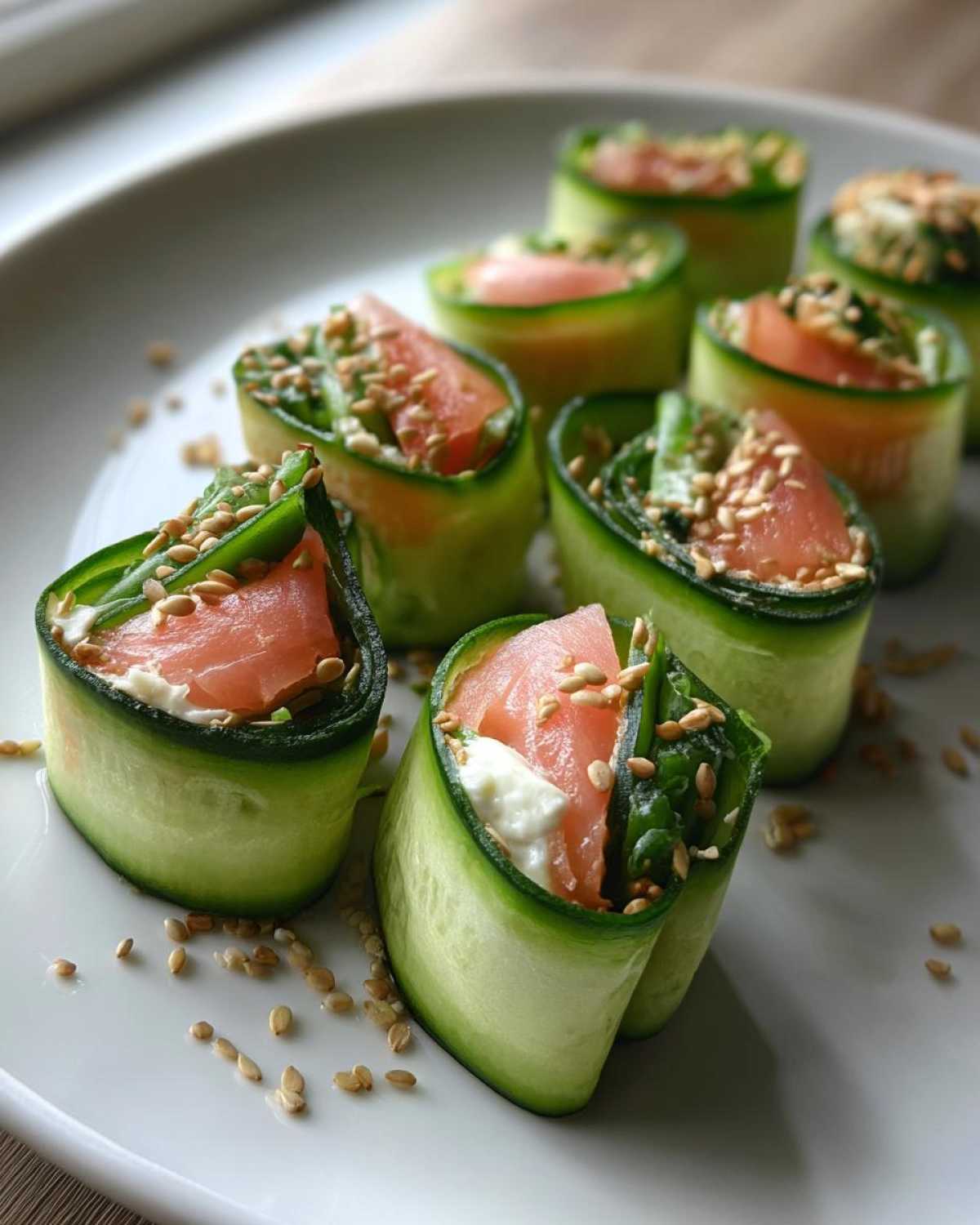 Several fresh Cucumber Sushi rolls filled with salmon, cream cheese, greens, and topped with sesame seeds on a white plate.