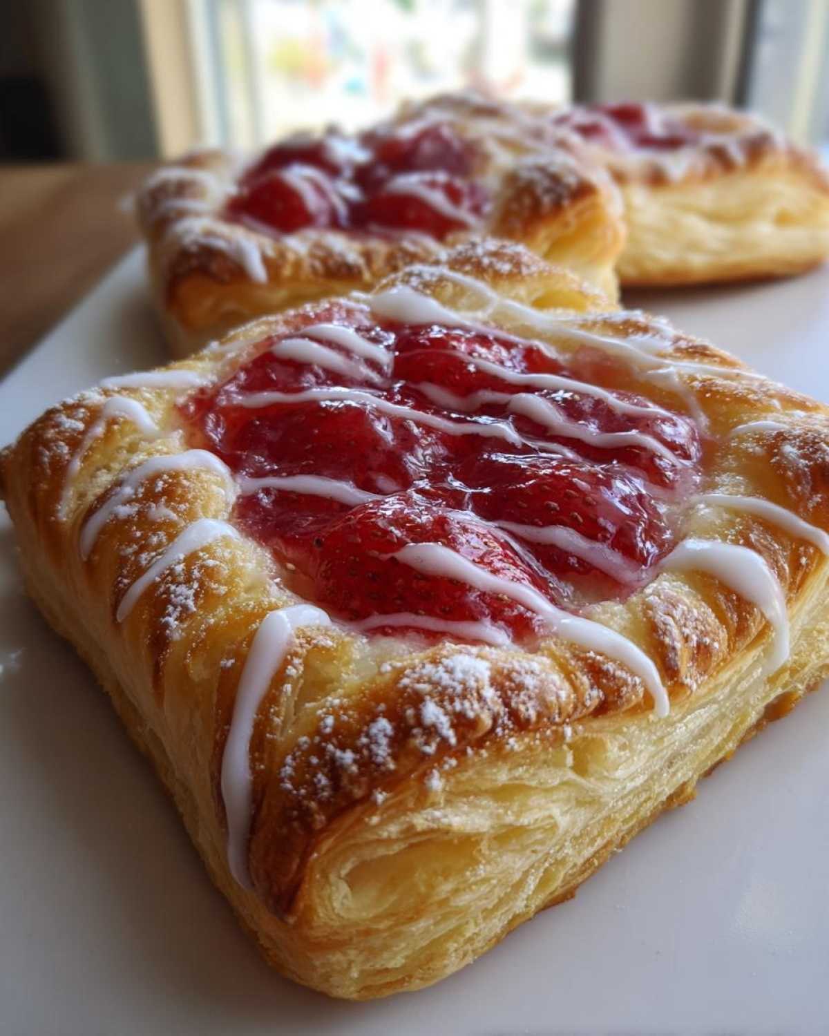 Close-up of a Delicious Strawberry Danish with flaky pastry, strawberry filling, white icing, and powdered sugar.