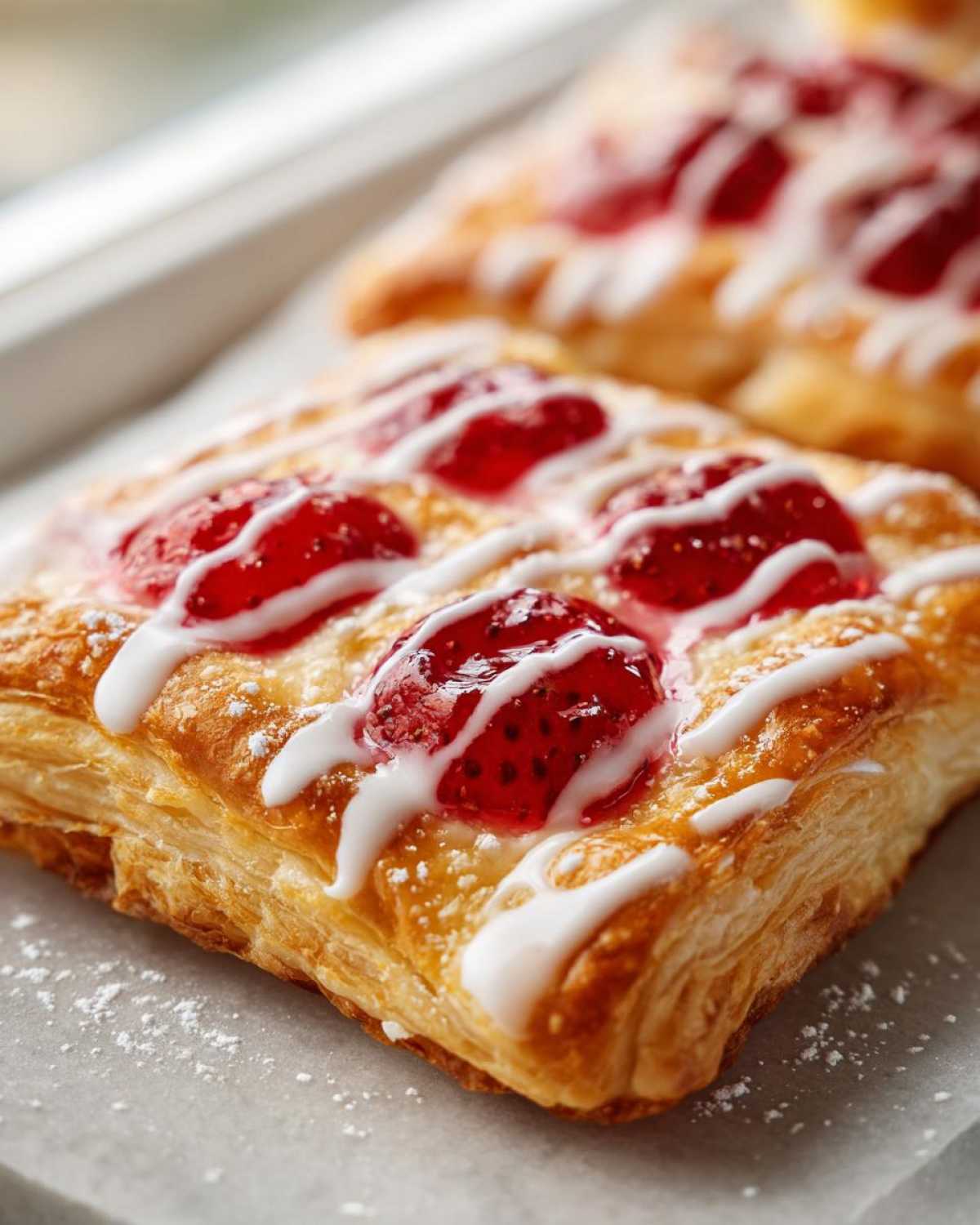 Close-up of a Delicious Strawberry Danish, featuring flaky pastry, strawberry topping, and white icing drizzle.