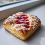 Close-up of a Delicious Strawberry Danish with flaky pastry, strawberry filling, and white icing drizzle.