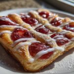 Close-up of a Delicious Strawberry Danish with flaky pastry, strawberry filling, and white icing drizzle.