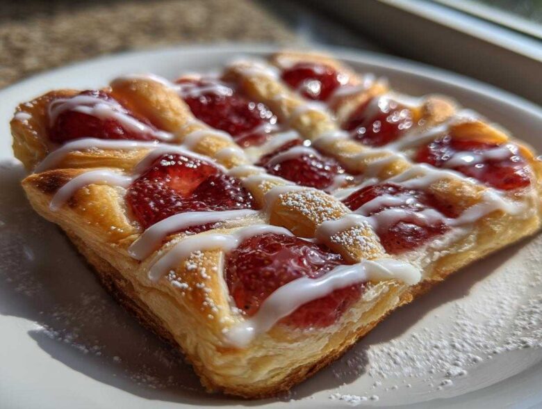 Close-up of a Delicious Strawberry Danish with flaky pastry, strawberry filling, and white icing drizzle.