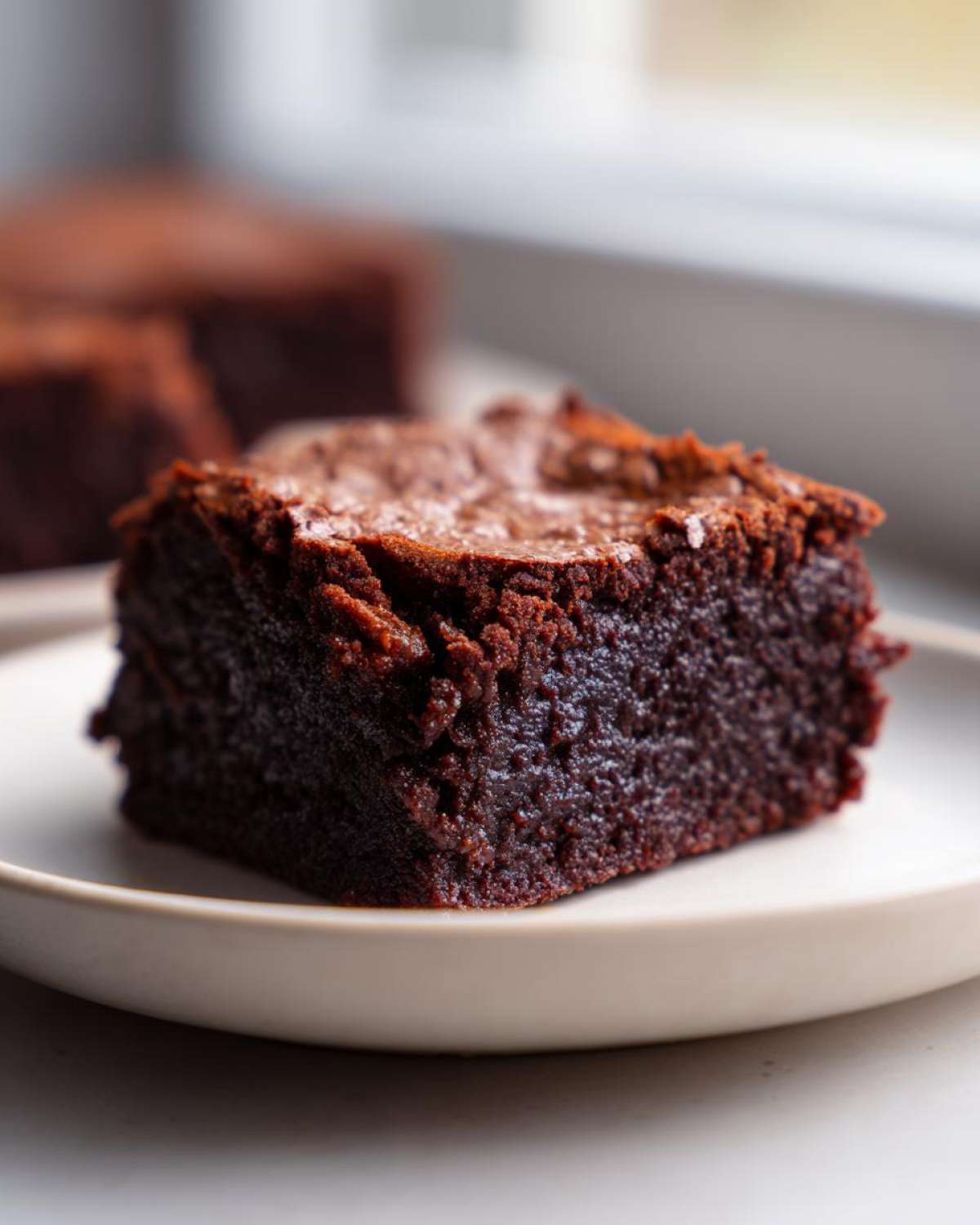 A close-up of a rich, dark square of Easy Chewy Brownies Recipe Fudgy Brownies on a light plate.