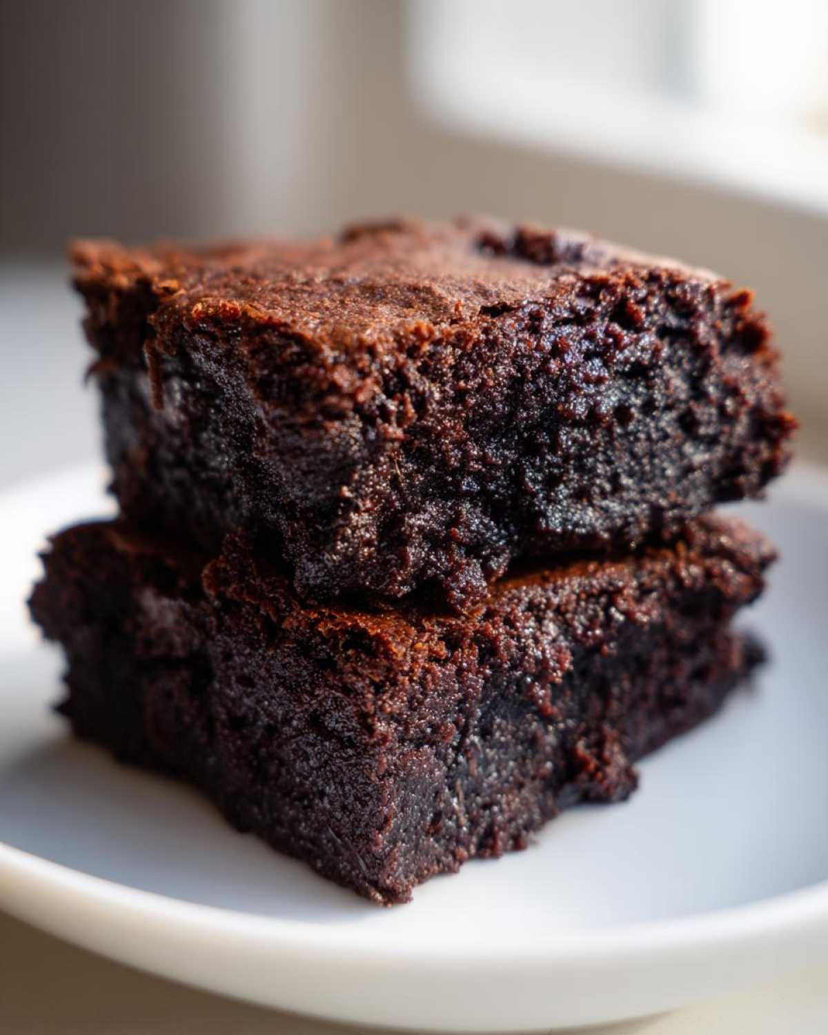 Close-up of two rich, dark, fudgy brownies stacked on a white plate, showcasing the chewy texture of the Easy Chewy Brownies Recipe.