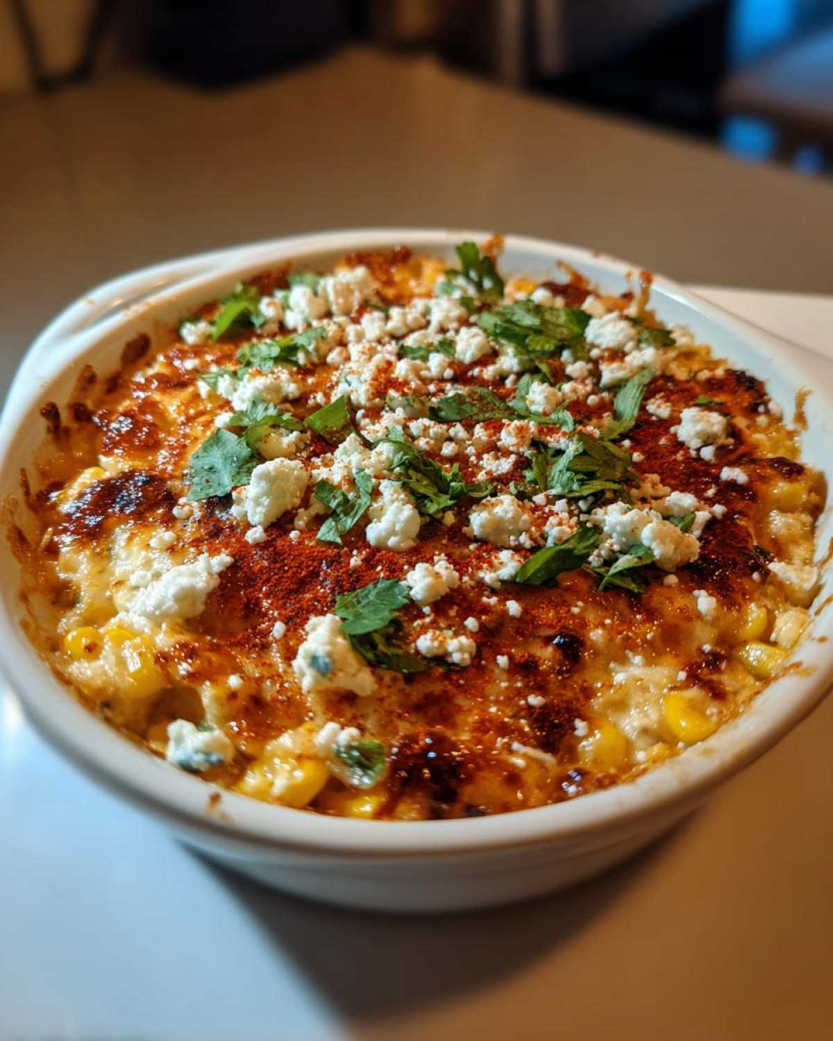 A close-up of a baked Elote Dip with Mexican Street Corn Flavors, topped with crumbled white cheese and cilantro.