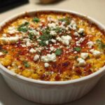 Close-up of a baked Elote Dip with Mexican Street Corn Flavors, topped with crumbled white cheese and cilantro.