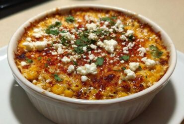 Close-up of a baked Elote Dip with Mexican Street Corn Flavors, topped with crumbled white cheese and cilantro.