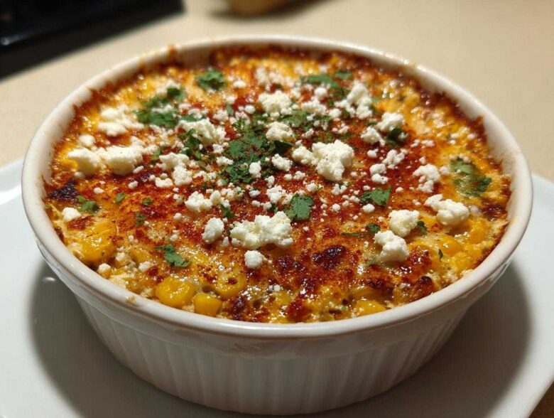 Close-up of a baked Elote Dip with Mexican Street Corn Flavors, topped with crumbled white cheese and cilantro.