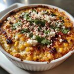 Close-up of baked Elote Dip with Mexican Street Corn Flavors topped with cotija cheese and cilantro.