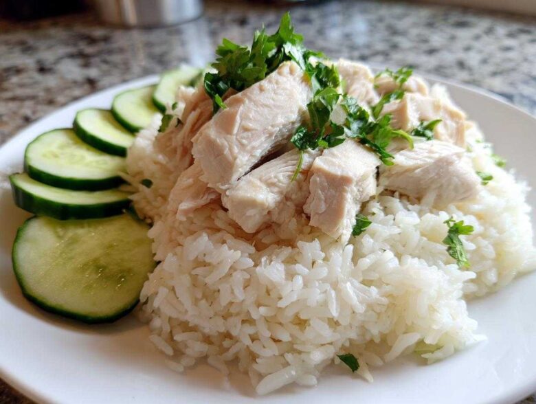 A plate of moist, sliced Chicken Rice topped with fresh parsley and served with sliced cucumbers on the side.
