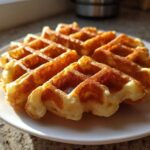A golden brown, fluffy Belgian waffle served on a white plate, highlighting its crisp edges.