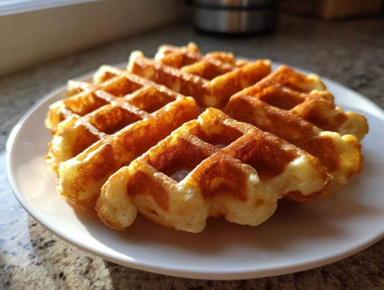 A golden brown, fluffy Belgian waffle served on a white plate, highlighting its crisp edges.