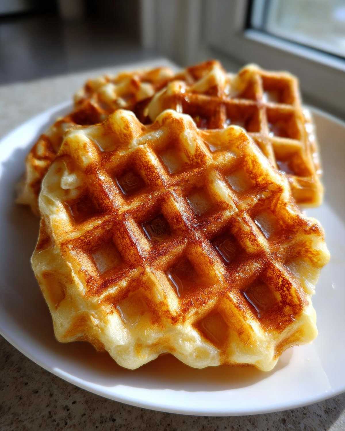 Close-up of golden brown, fluffy Belgian waffles drizzled with syrup, ready to eat.