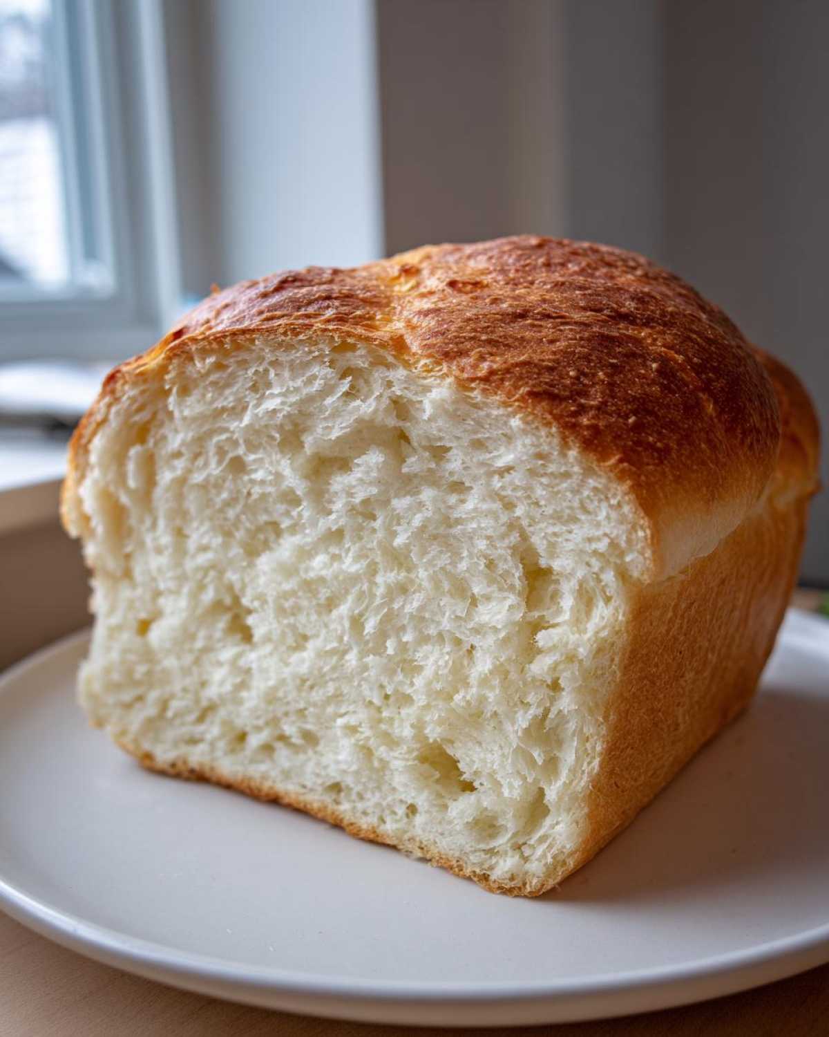 Close-up of the soft, white interior crumb of freshly baked Homemade Bread.