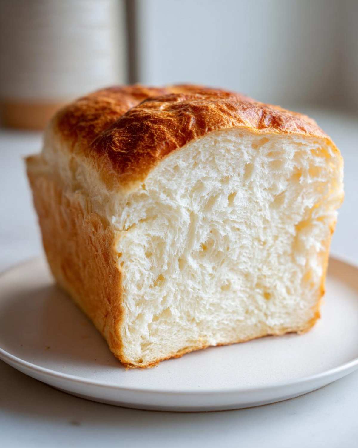 Close-up of a freshly baked slice of Homemade Bread showing its incredibly soft, white interior and golden-brown top crust.