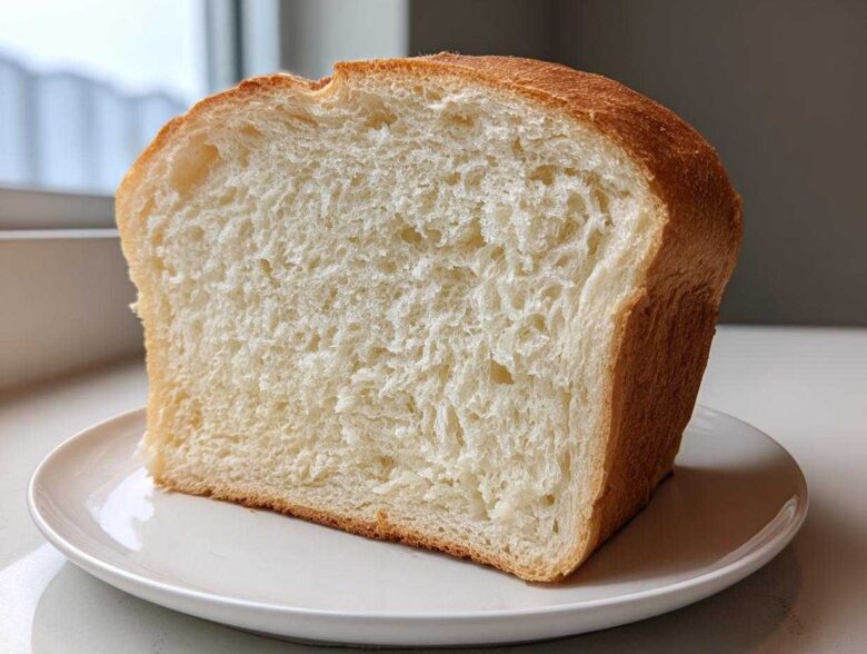 A close-up of a thick, fluffy slice of homemade bread showing its soft white crumb and golden crust.