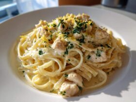 Close-up of Fresh Lemon Chicken Pasta featuring linguine tossed in a creamy sauce, topped with diced chicken, parsley, and bright lemon zest.
