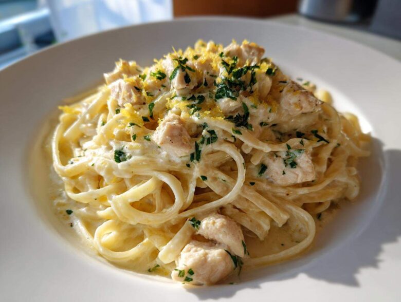 Close-up of Fresh Lemon Chicken Pasta featuring linguine tossed in a creamy sauce, topped with diced chicken, parsley, and bright lemon zest.
